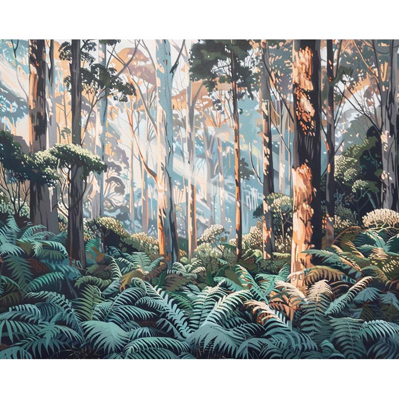 Illustration of a dense forest with tall trees and ferns