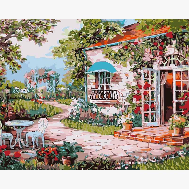 Colorful illustration of a quaint garden scene with a house, table, chairs, and flowers.
