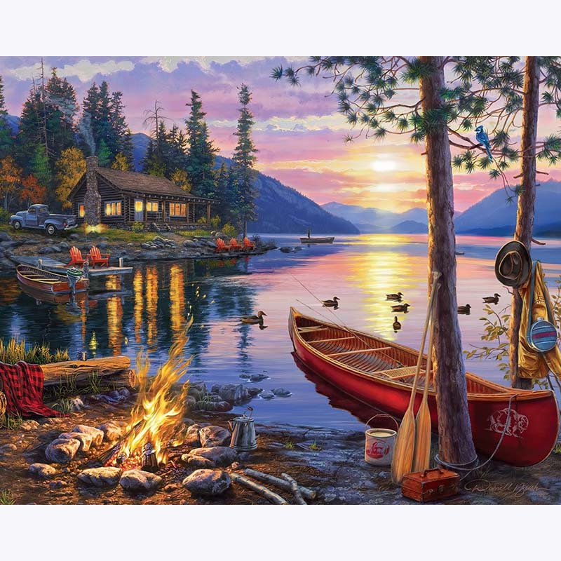 Painting of a lakeside scene with a cabin, boat, and campfire.