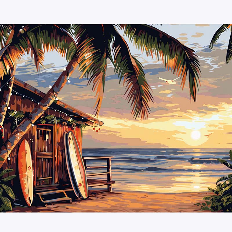 Tropical beach scene with wooden hut, surfboard, and palm trees during sunset.