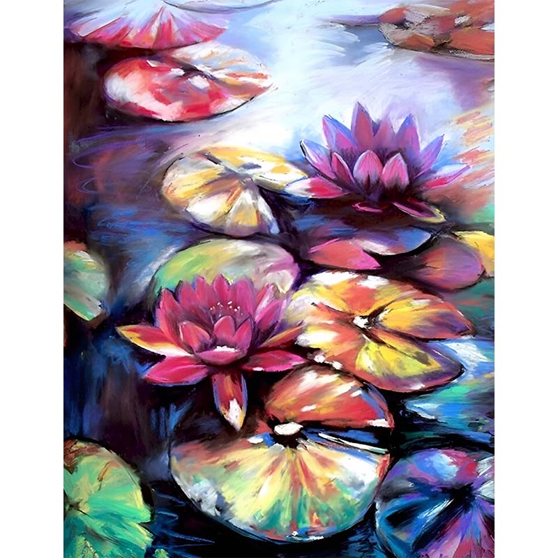 Colorful painting of water lilies on a pond