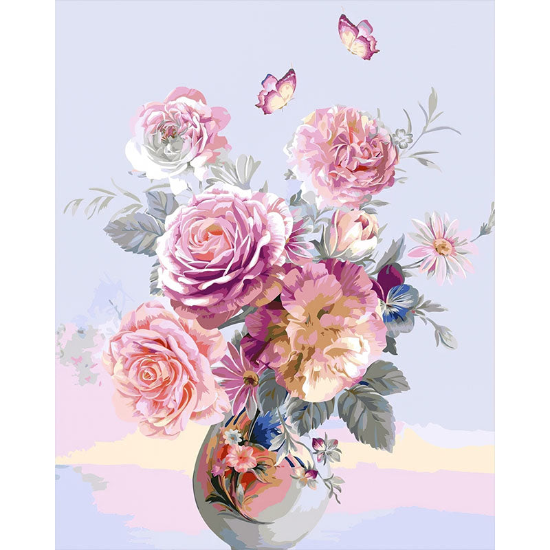 Vase with pink flowers and butterflies on a light blue background