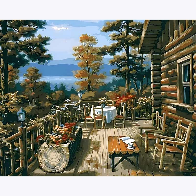 Painting of a wooden cabin deck with tables, chairs, and flowers, surrounded by trees and a lake.