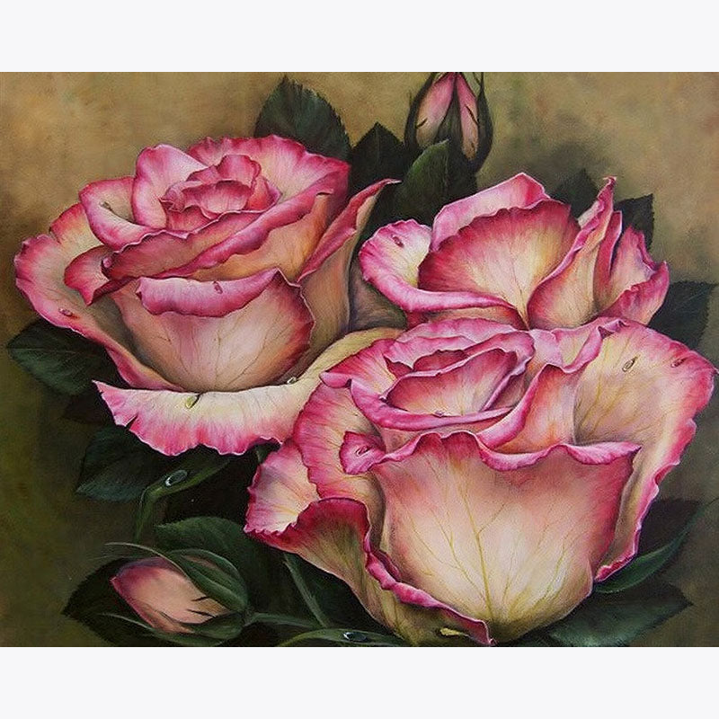 Two pink roses with green leaves on a brown background