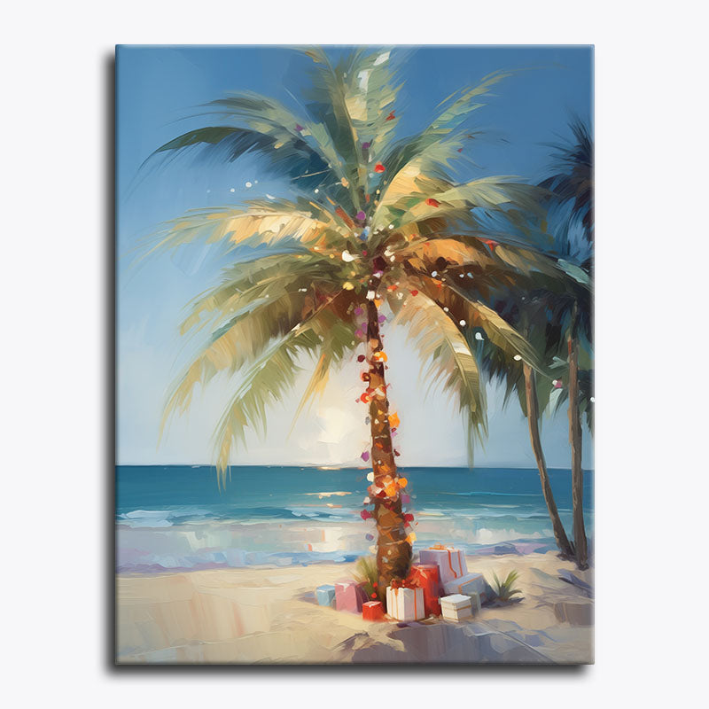 Palm tree on a beach with presents and lights against a blue sky.