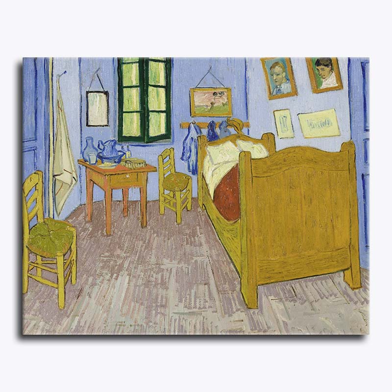 Painting of a bedroom interior with a bed, table, chairs, and framed pictures.