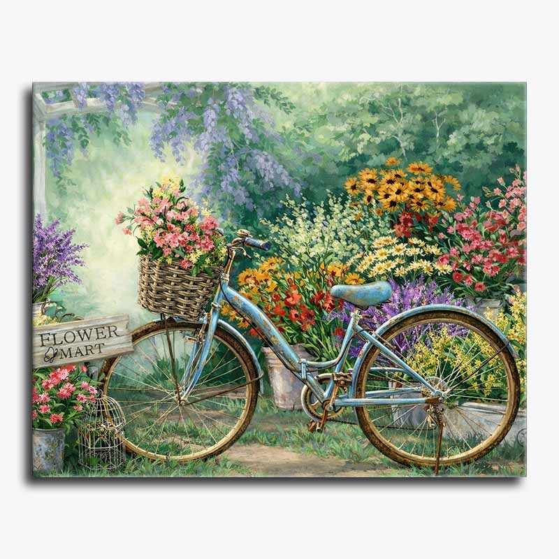 Painting of a bicycle in a garden with colorful flowers
