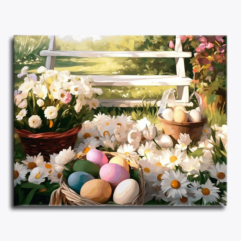 Decorative painting of Easter eggs and flowers with a white bench in the background.