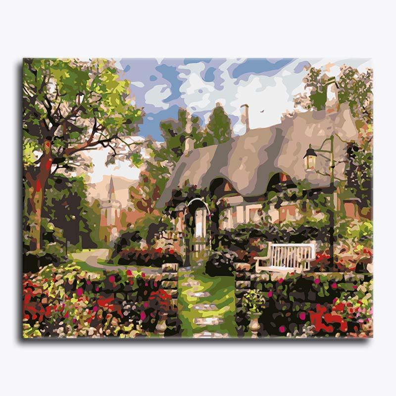 Colorful painting of a garden scene with a house in the background