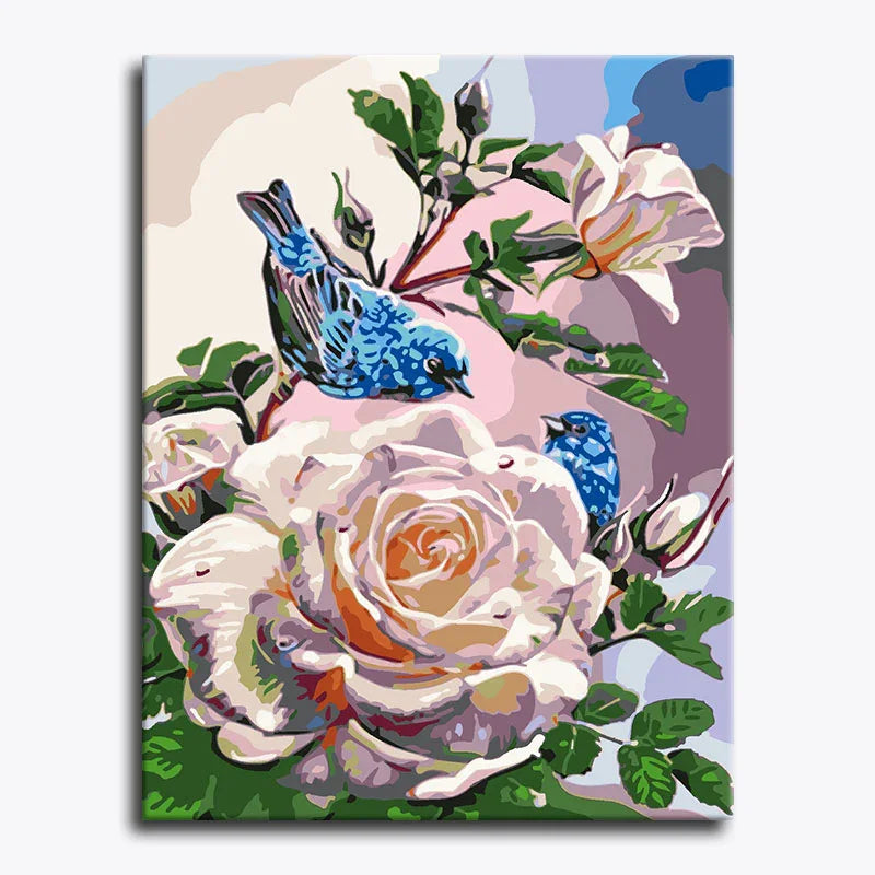 Canvas print with blue birds and pink roses on a light purple background