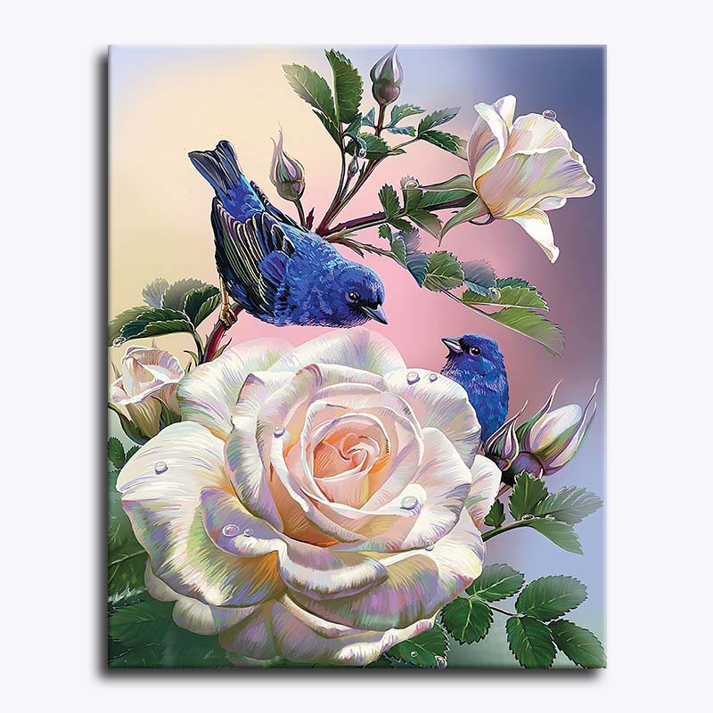 Canvas print with blue birds and pink roses on a light purple background