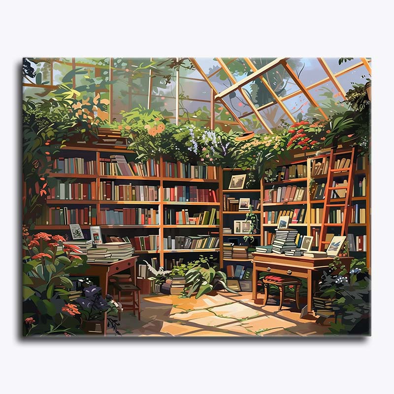 Library with bookshelves, plants, and a large window