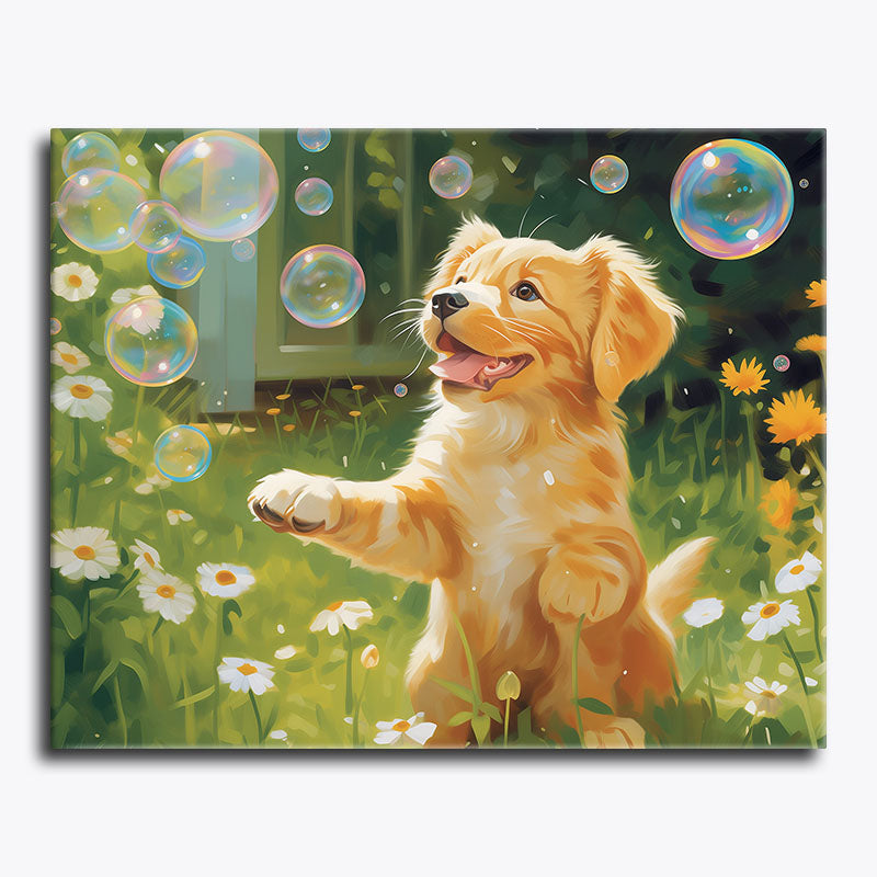 Painting of a golden puppy in a garden with bubbles
