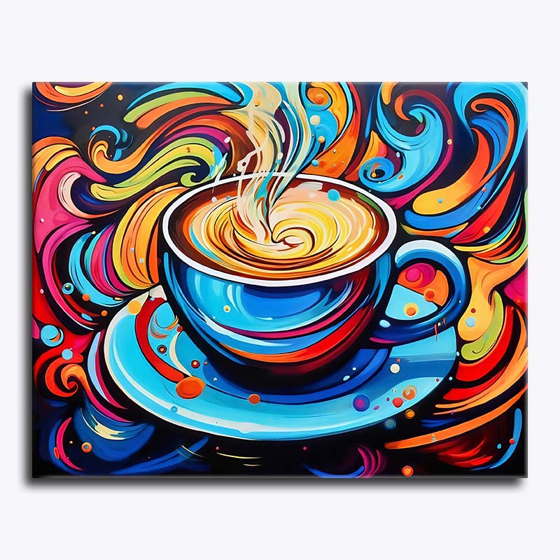 Colorful abstract painting of a coffee cup with swirling designs