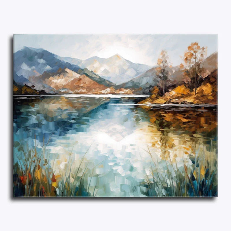 Abstract landscape painting of a lake with mountains and trees
