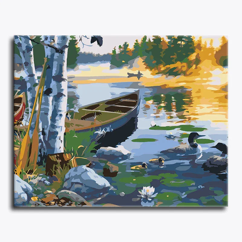 Painting of a serene lakeside scene with a canoe, birch trees, and ducks.