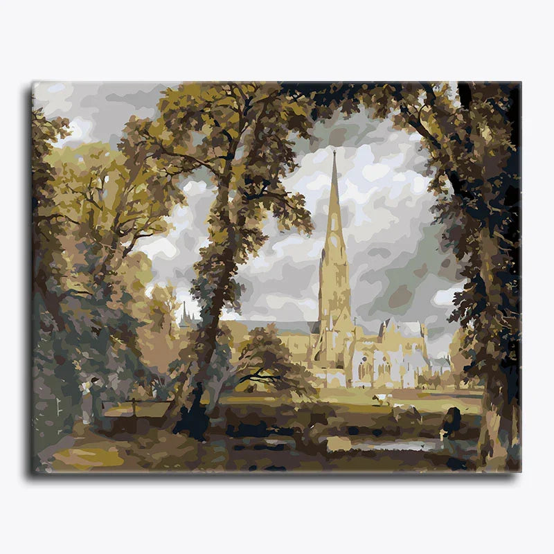 Painting of a cathedral surrounded by trees and open fields