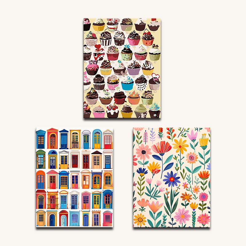 Three colorful notebooks with different designs on a white background
