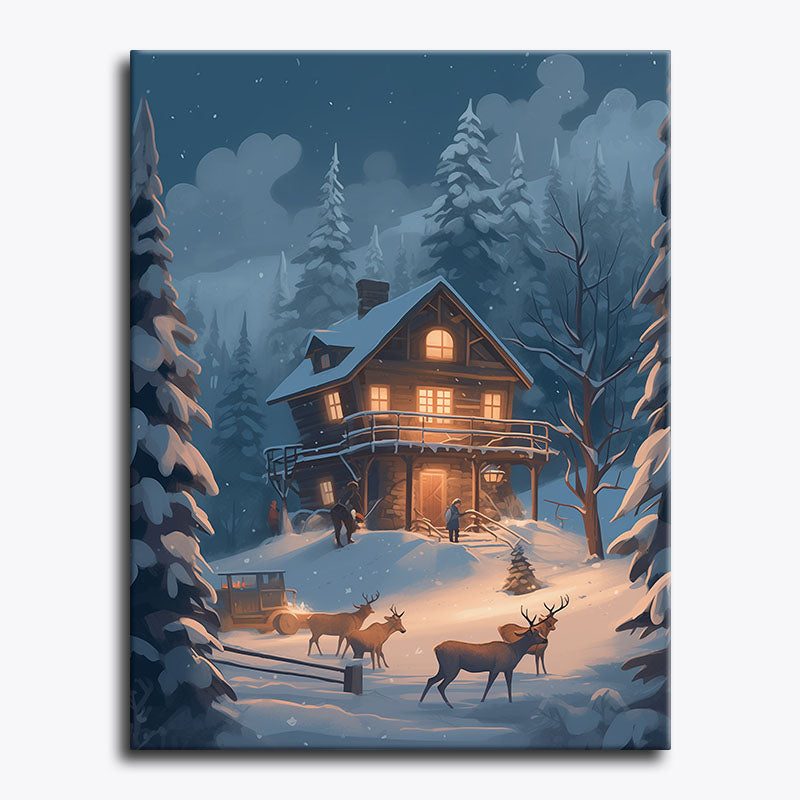 Winter scene with a cabin, deer, and truck in a snowy landscape.