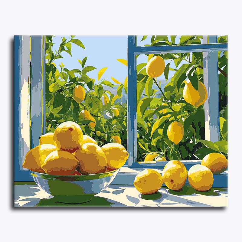 Bowl of lemons in front of a window with lemon tree outside