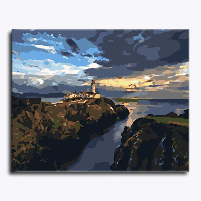 Painting of a lighthouse on a rocky island with a dramatic sky.