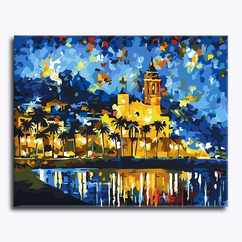 Colorful abstract painting of a castle and palm trees with a blue sky.
