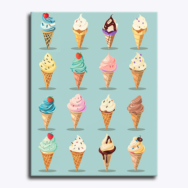 Canvas print with a pattern of colorful ice cream cones on a light blue background