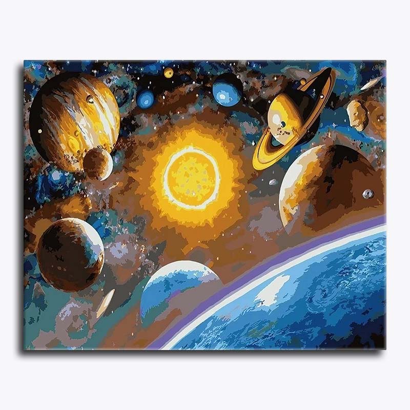 Colorful abstract painting of celestial bodies with a sun-like center.