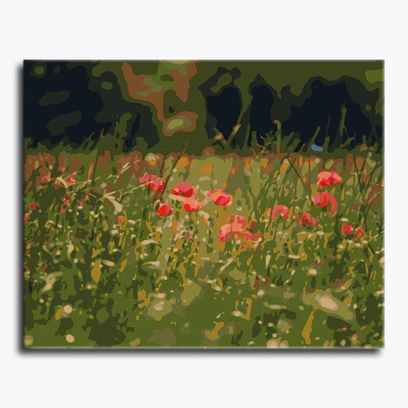 Artistic depiction of a field with red flowers and dark figures in the background