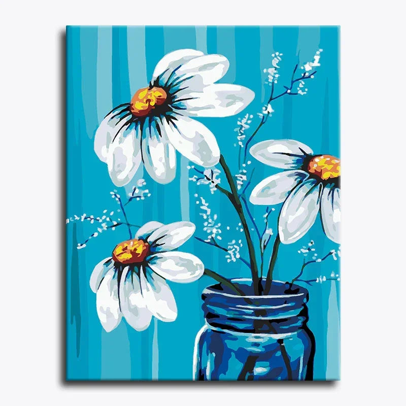 Canvas print of white flowers in a blue jar on a blue striped background