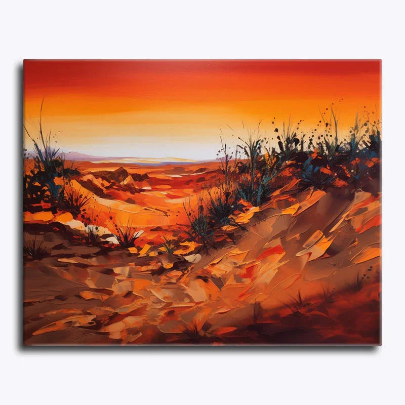 Painting of a desert landscape with warm colors