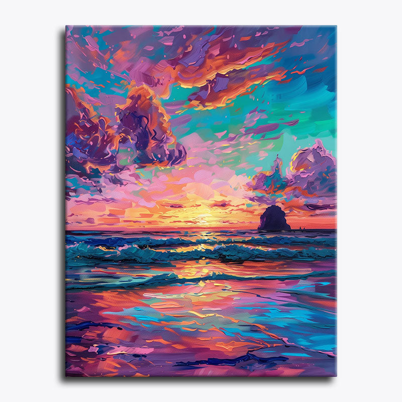 Colorful beach scene painting with vibrant sky and ocean.