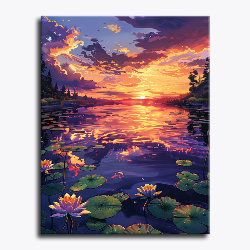 Landscape painting of a sunset over a lake with lotus flowers.