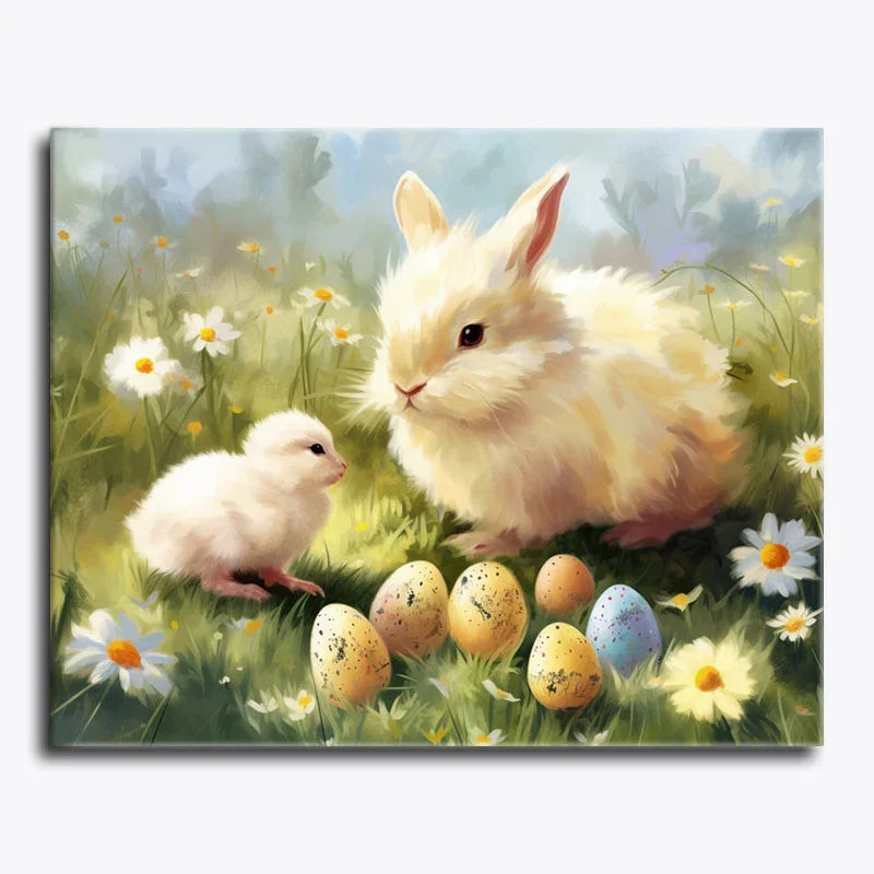 Painting of a rabbit and chick with Easter eggs and flowers in a field