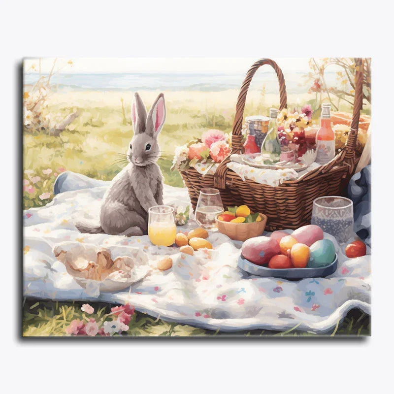 Painting of a rabbit at a picnic with a basket, food, and drinks on a blanket.