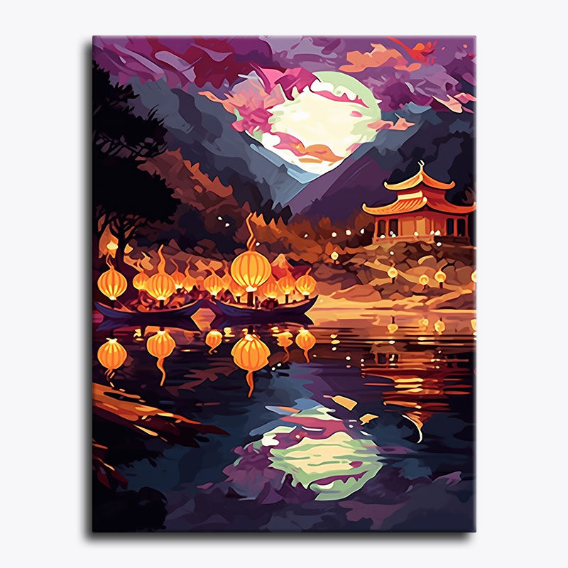 Painting of a serene landscape with lanterns, mountains, and a traditional building.