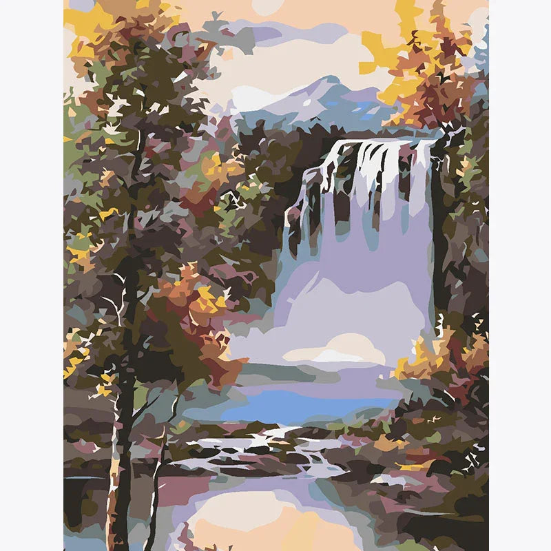 Painting of a waterfall surrounded by trees with autumn foliage.