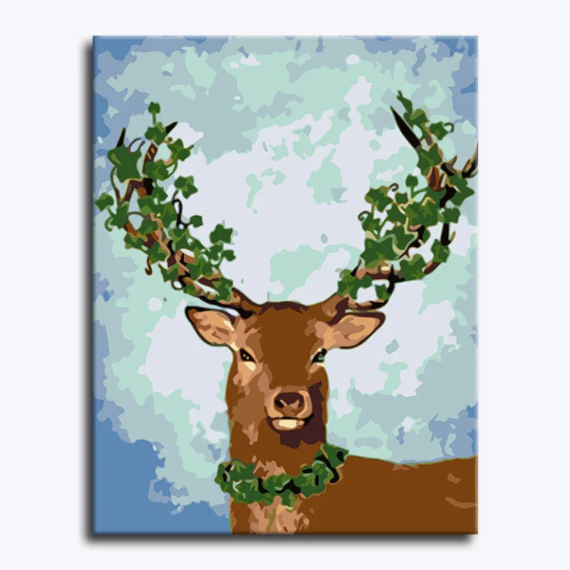 Canvas print of a deer with antlers and a wreath on a blue and green abstract background