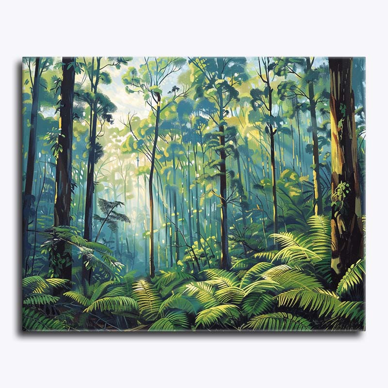 Paint by numbers of rainforest with ferns and tall eucalyptus trees in soft filtered light