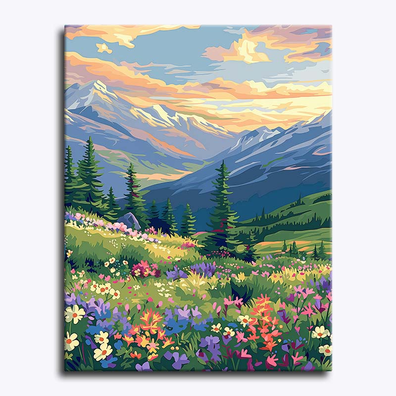 Painting of a mountain landscape with flowers and trees