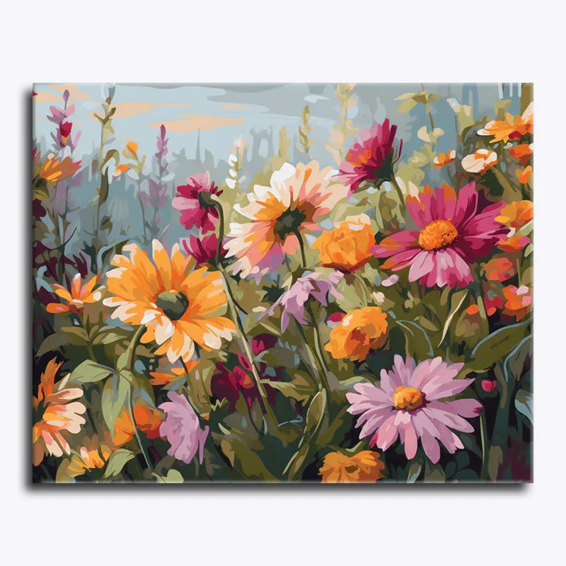 Canvas print of colorful flowers with a blue sky background