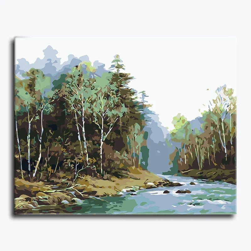 Painting of a forest scene with trees and a stream.