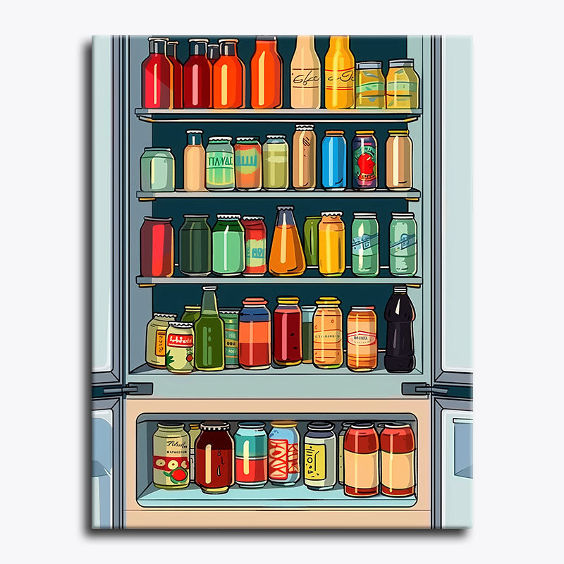 Illustration of an open refrigerator filled with various drinks.