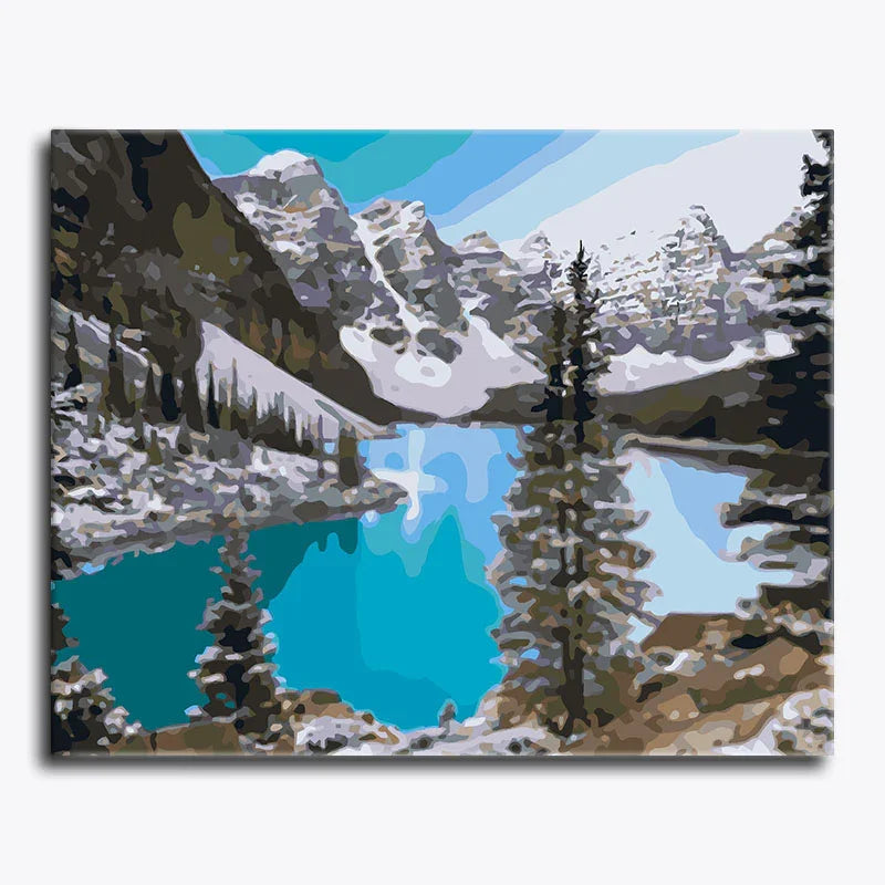 Painting of a mountain landscape with a lake and trees