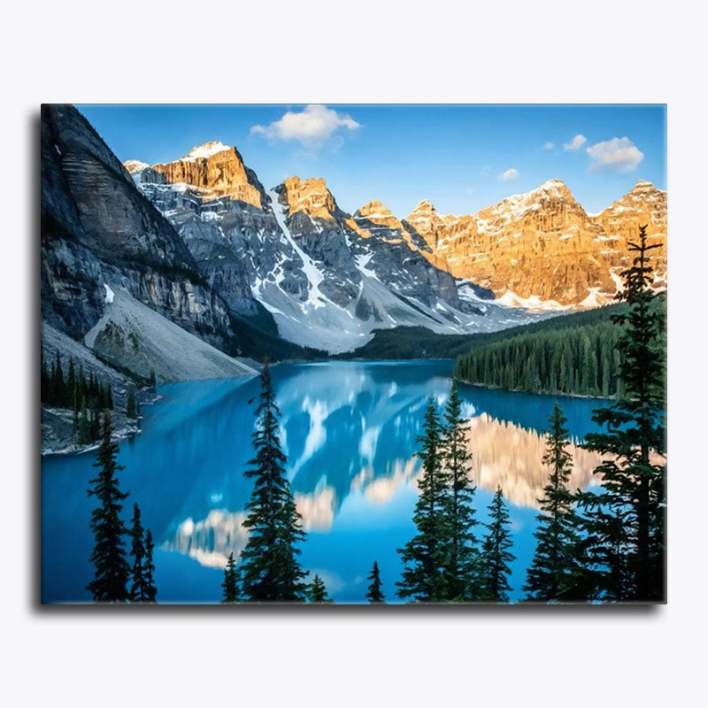 Painting of a mountain landscape with a lake and trees