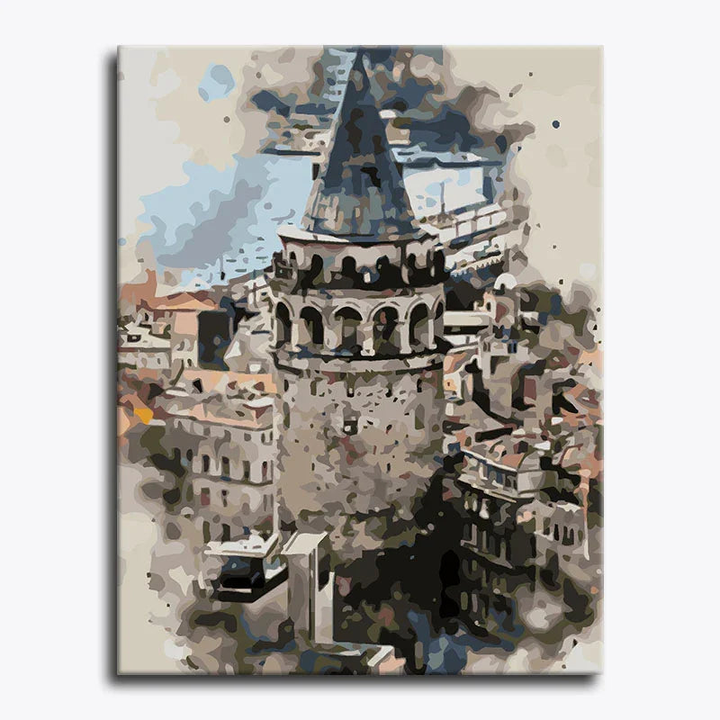 Artistic depiction of a tower with a cityscape background