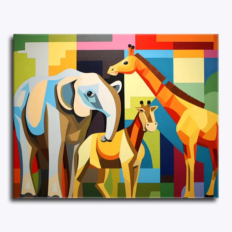 Colorful abstract painting of an elephant, giraffe, and deer with geometric background
