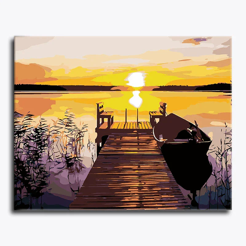 Painting of a dock and boat at sunset with a colorful sky.