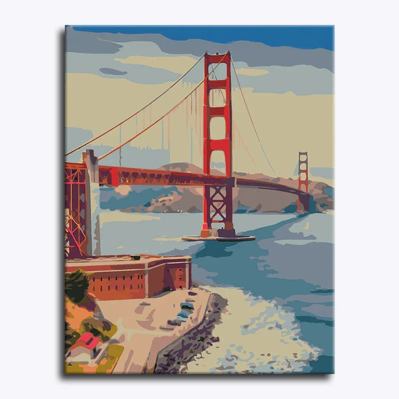 Canvas print of the Golden Gate Bridge with a colorful, stylized design.