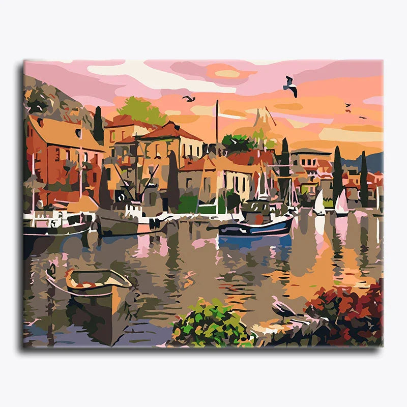 Painting of a coastal scene with boats and buildings.